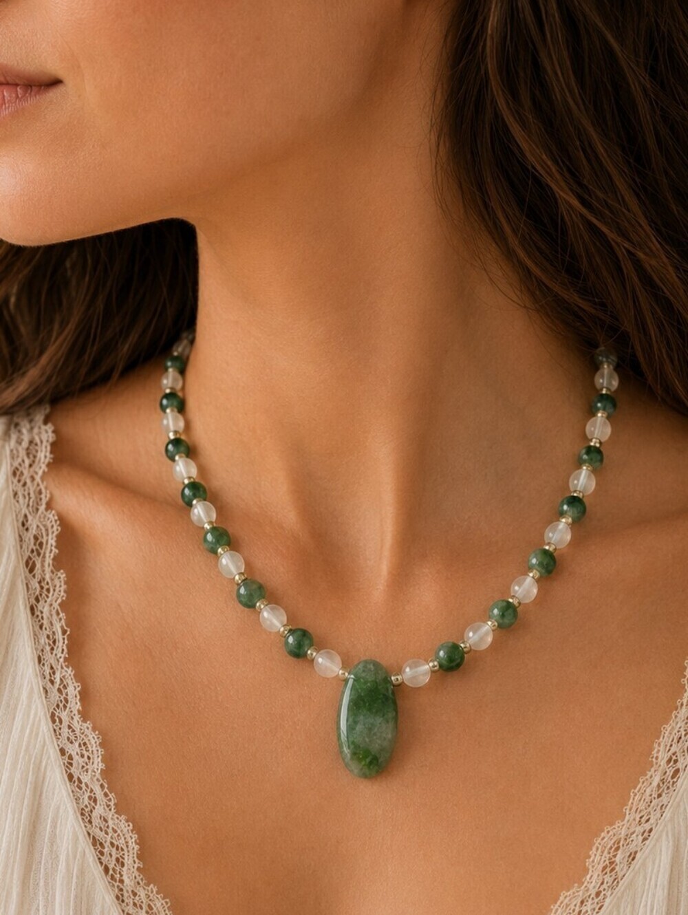 HANDMADE Opalite Aventurine Agate Focal Pendant Beaded Collar Necklace